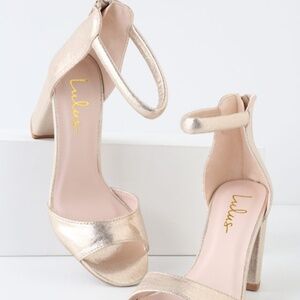 Lulus Sidecar Cutie Champagne Sueded Metallic Ankle Strap Heels Gold - Size 6.5